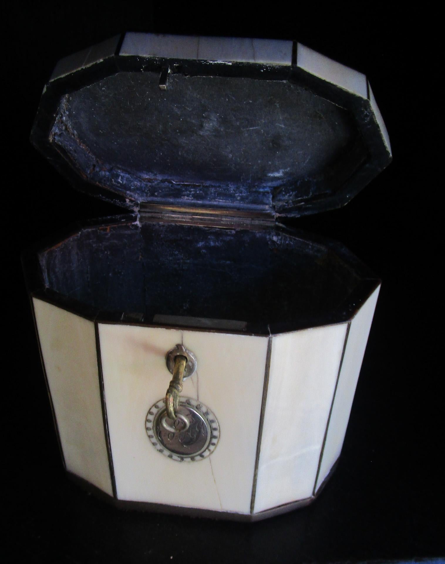 Boîte à thé géorgienne décagonale 18e siècle ivoire, écaille de tortue et argent avec dessus tendu Bon état - En vente à Savannah, GA