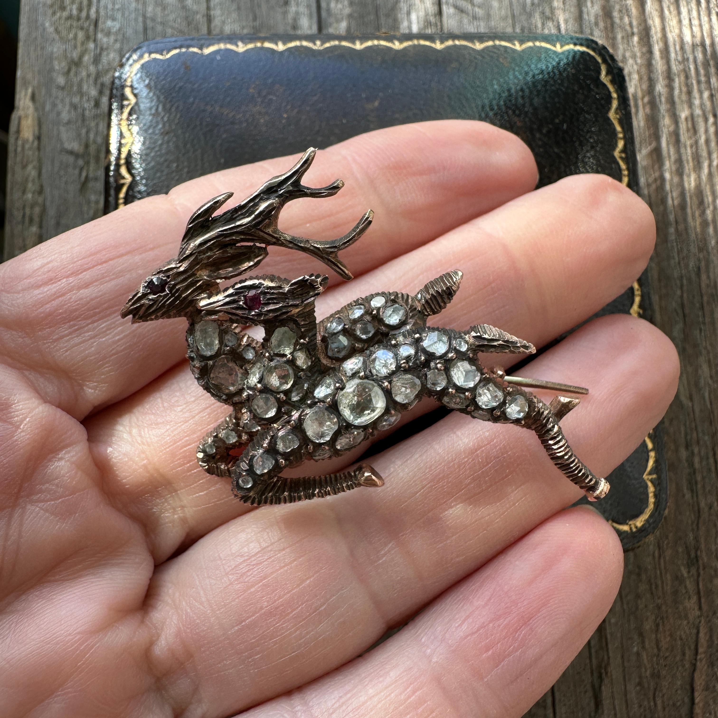 Georgianische Hirsch-Anstecknadel mit Diamanten im Rosenschliff 12k Gold Brosche im Angebot 8