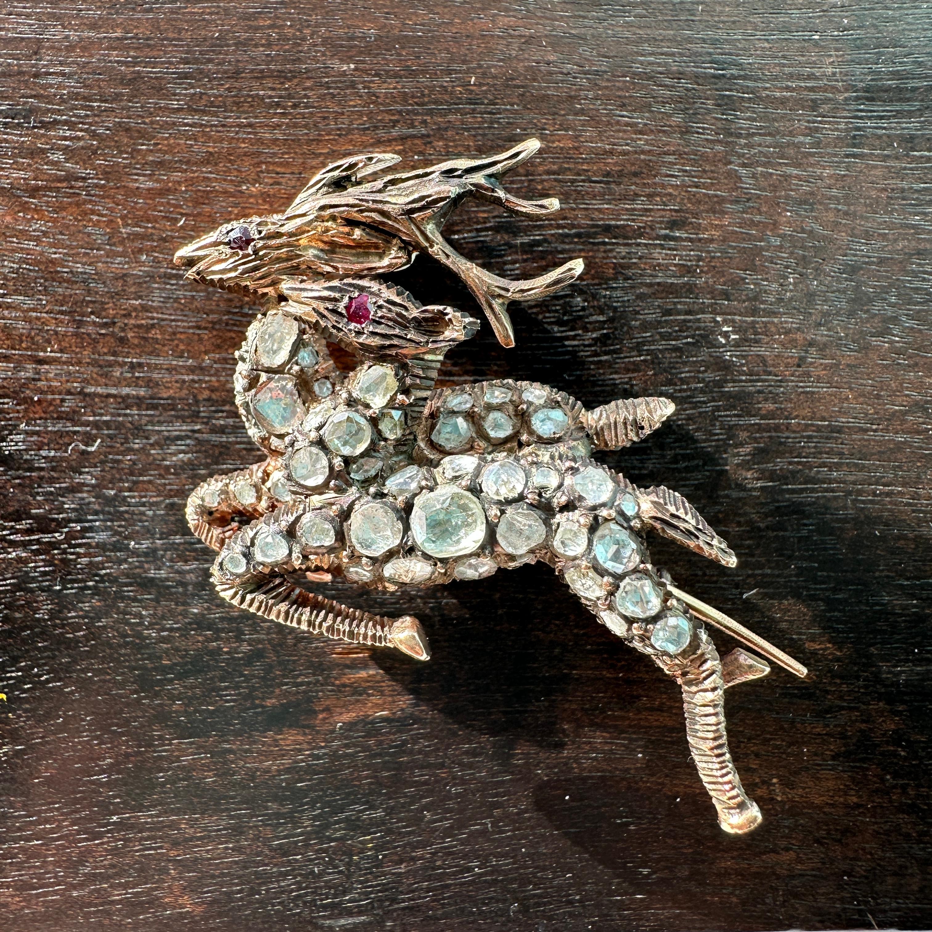 Georgianische Hirsch-Anstecknadel mit Diamanten im Rosenschliff 12k Gold Brosche im Angebot 9