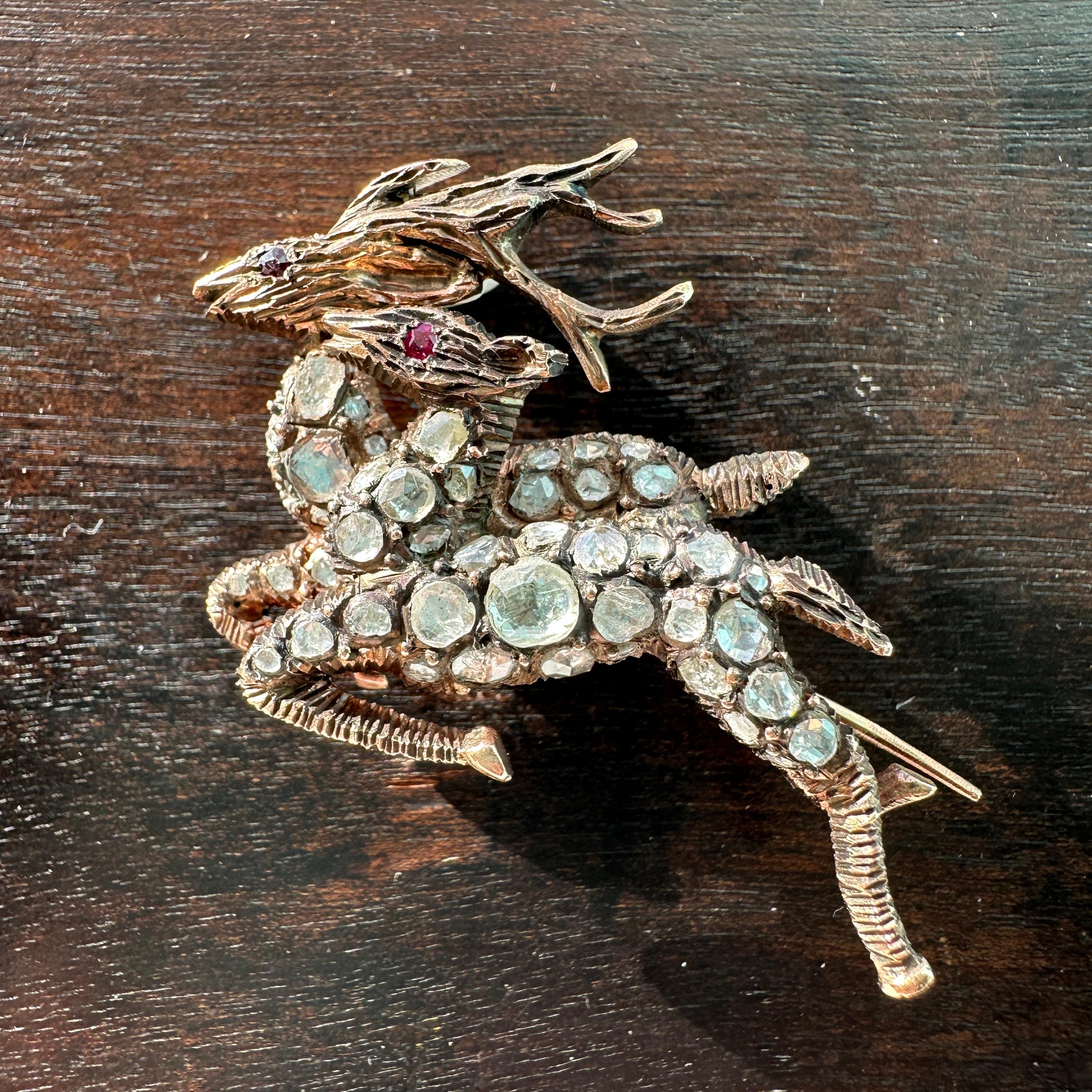 Georgianische Hirsch-Anstecknadel mit Diamanten im Rosenschliff 12k Gold Brosche im Zustand „Gut“ im Angebot in Scotts Valley, CA