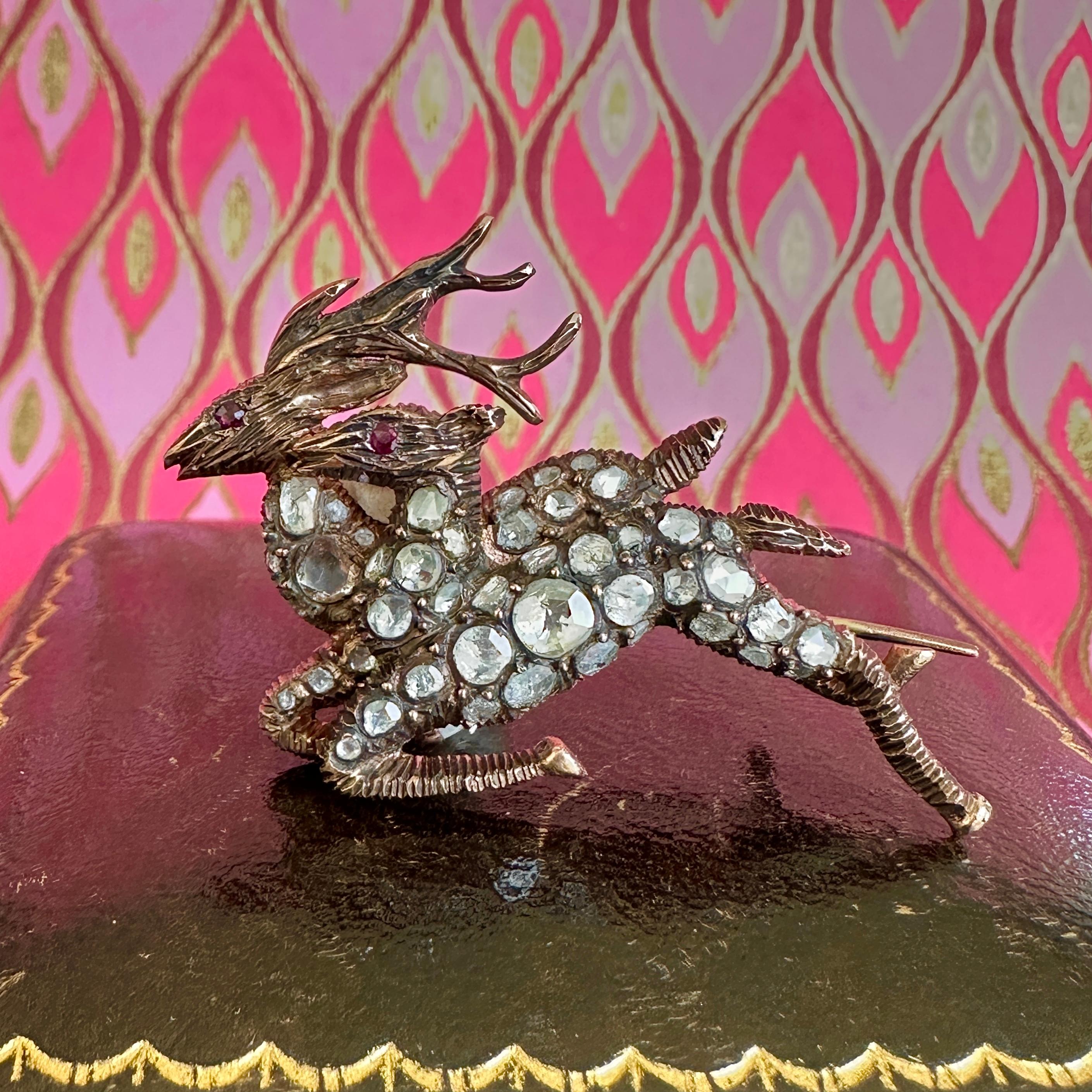 Georgianische Hirsch-Anstecknadel mit Diamanten im Rosenschliff 12k Gold Brosche im Angebot 2