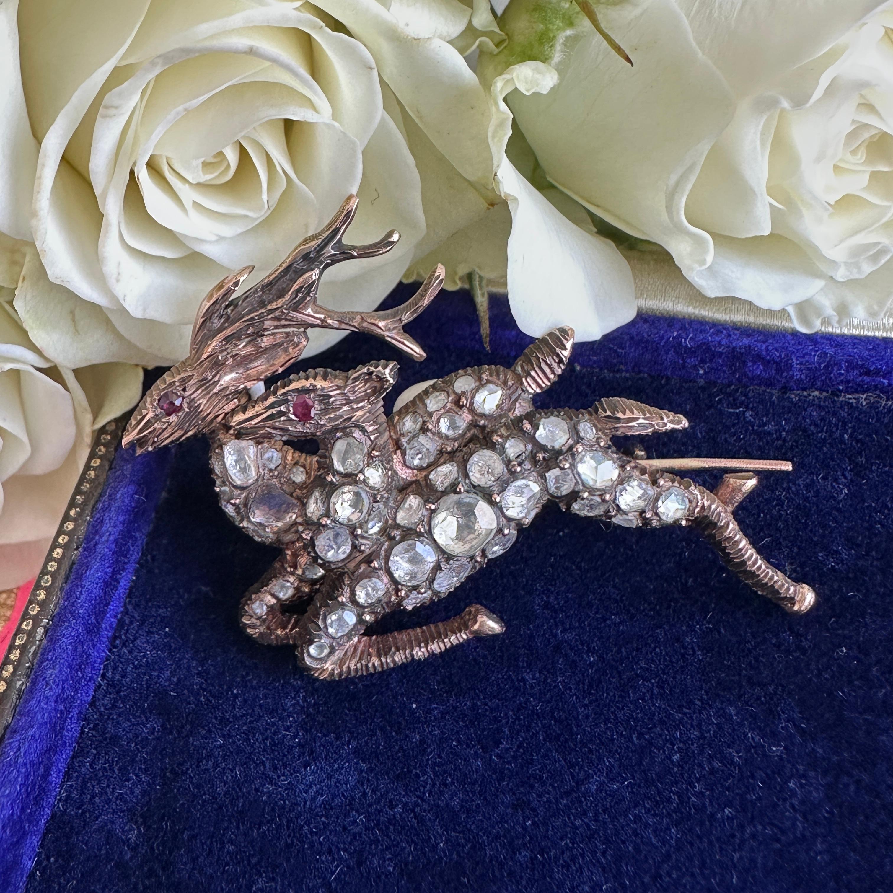 Georgianische Hirsch-Anstecknadel mit Diamanten im Rosenschliff 12k Gold Brosche im Angebot 4