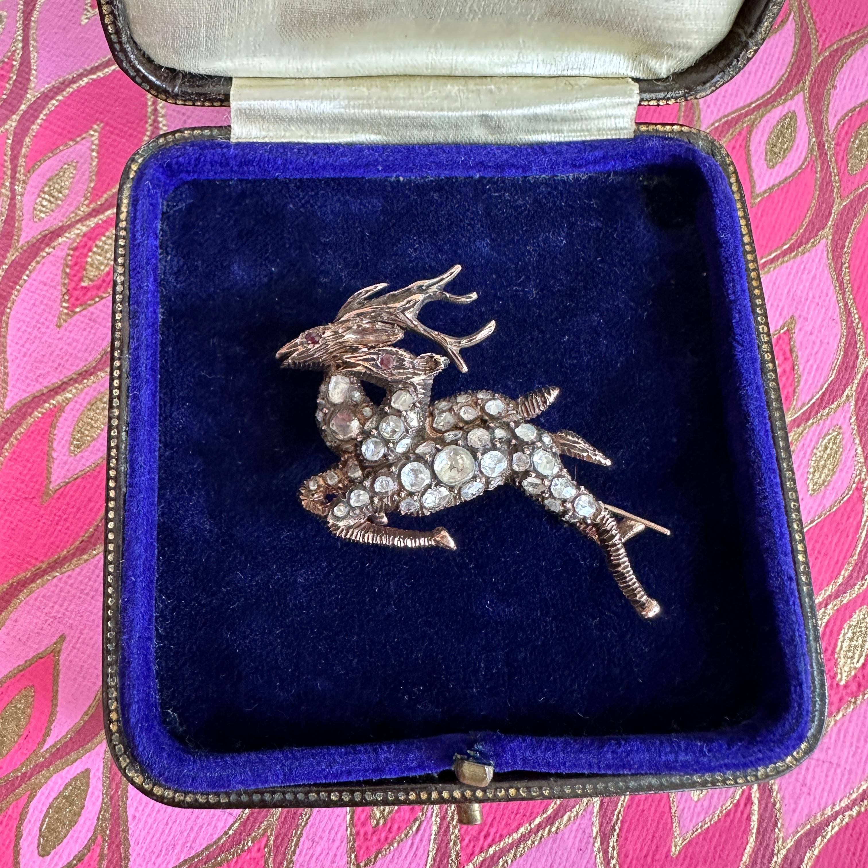 Georgianische Hirsch-Anstecknadel mit Diamanten im Rosenschliff 12k Gold Brosche im Angebot 5