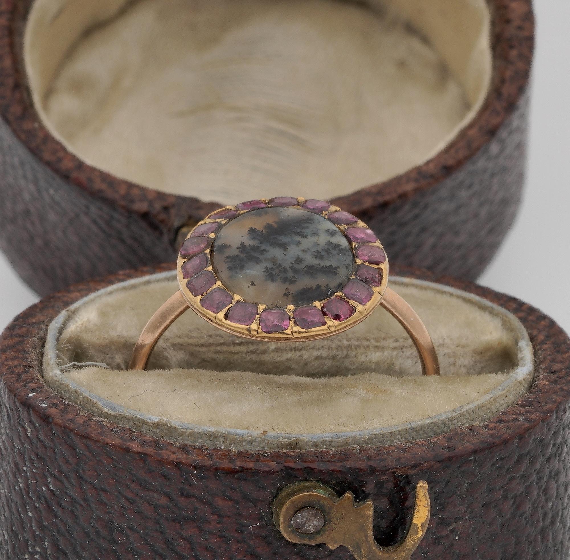 Women's Georgian Dendritic Agate Garnet 18 KT Cluster Ring For Sale