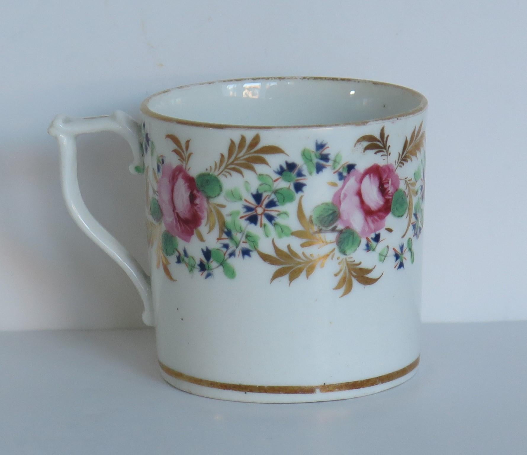 This is a beautiful porcelain Coffee Can by the Derby factory, made during the late Georgian period of the early years of the 19th Century

The cylindrical can tapers slightly to the base and has a wishbone handle.

The decoration is exquisite,