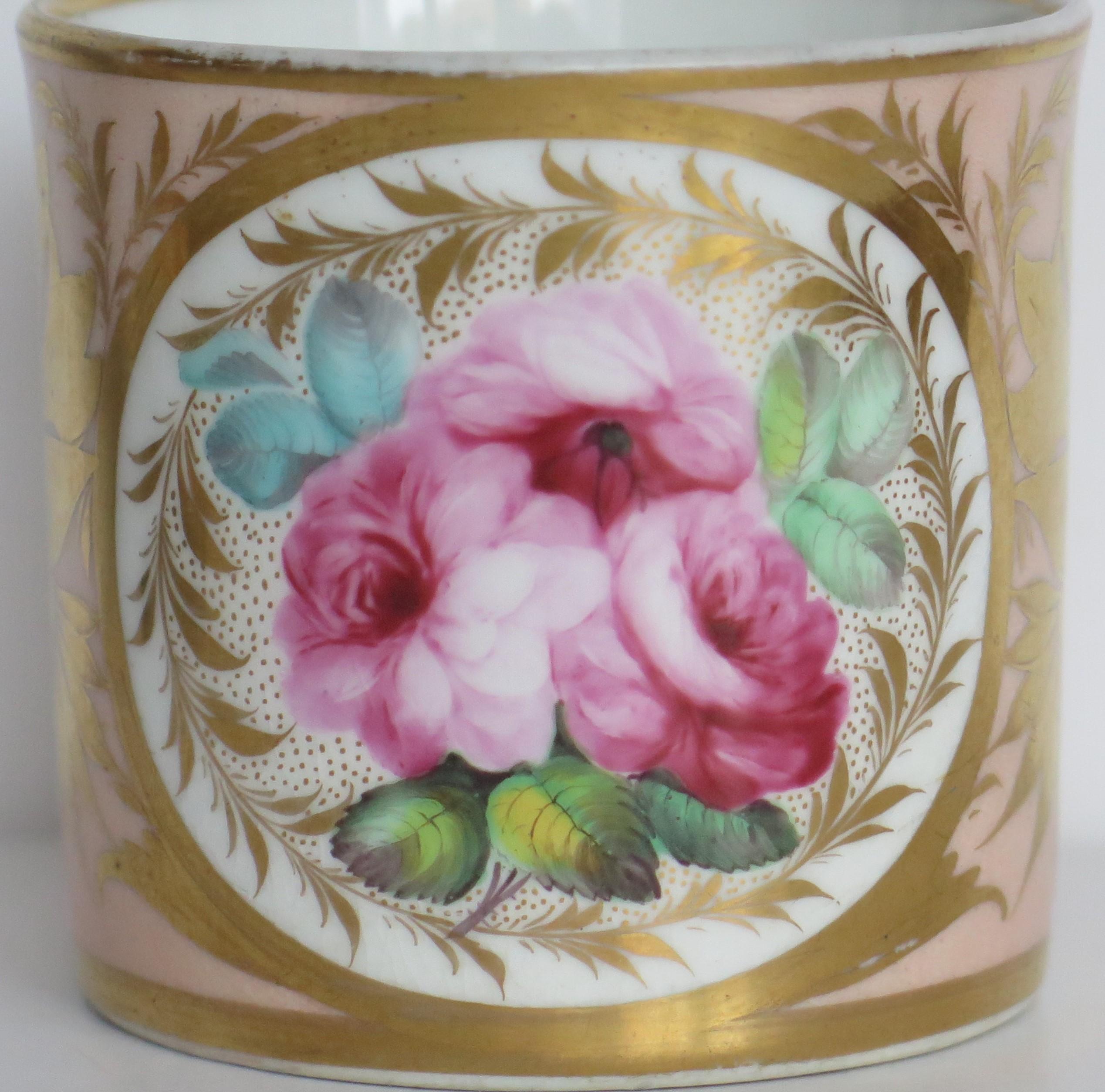 Georgian Derby Coffee Can & Saucer John Stanesby hand painted roses, Circa 1810 For Sale 3