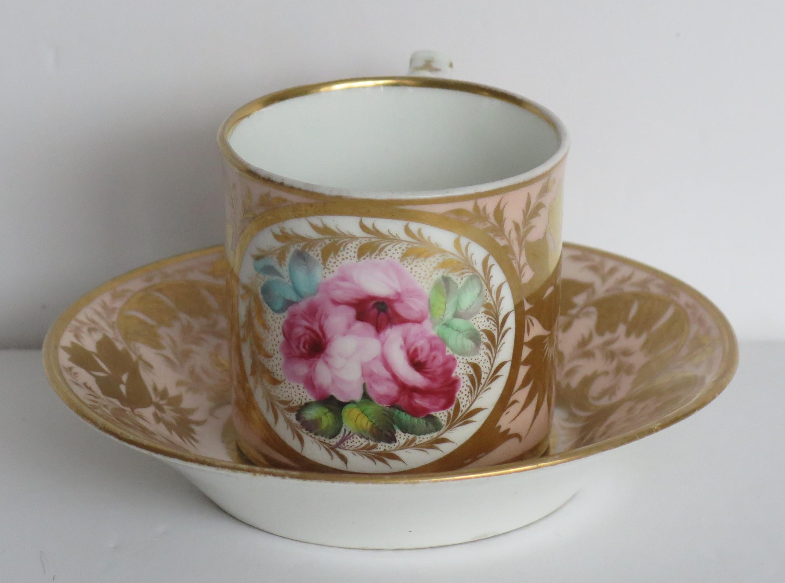 This is a beautiful porcelain coffee can and matching saucer by the Derby factory, made during the late Georgian period of the early years of the 19th Century

The cylindrical can tapers slightly to the base and has a 