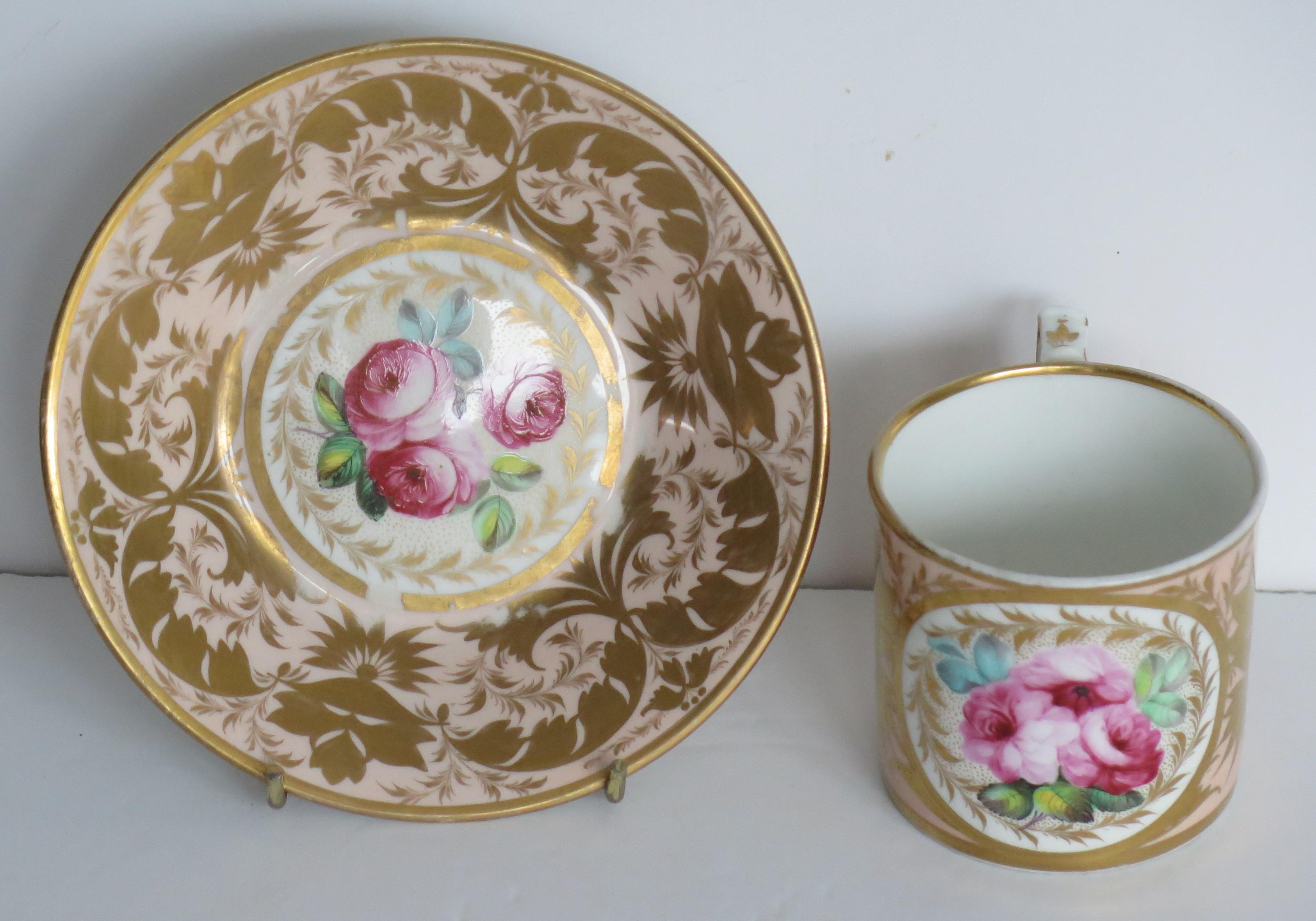 George III Georgian Derby Coffee Can & Saucer John Stanesby hand painted roses, Circa 1810 For Sale