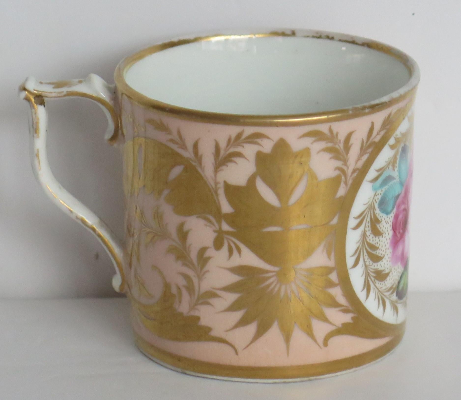 Georgian Derby Coffee Can & Saucer John Stanesby hand painted roses, Circa 1810 For Sale 1