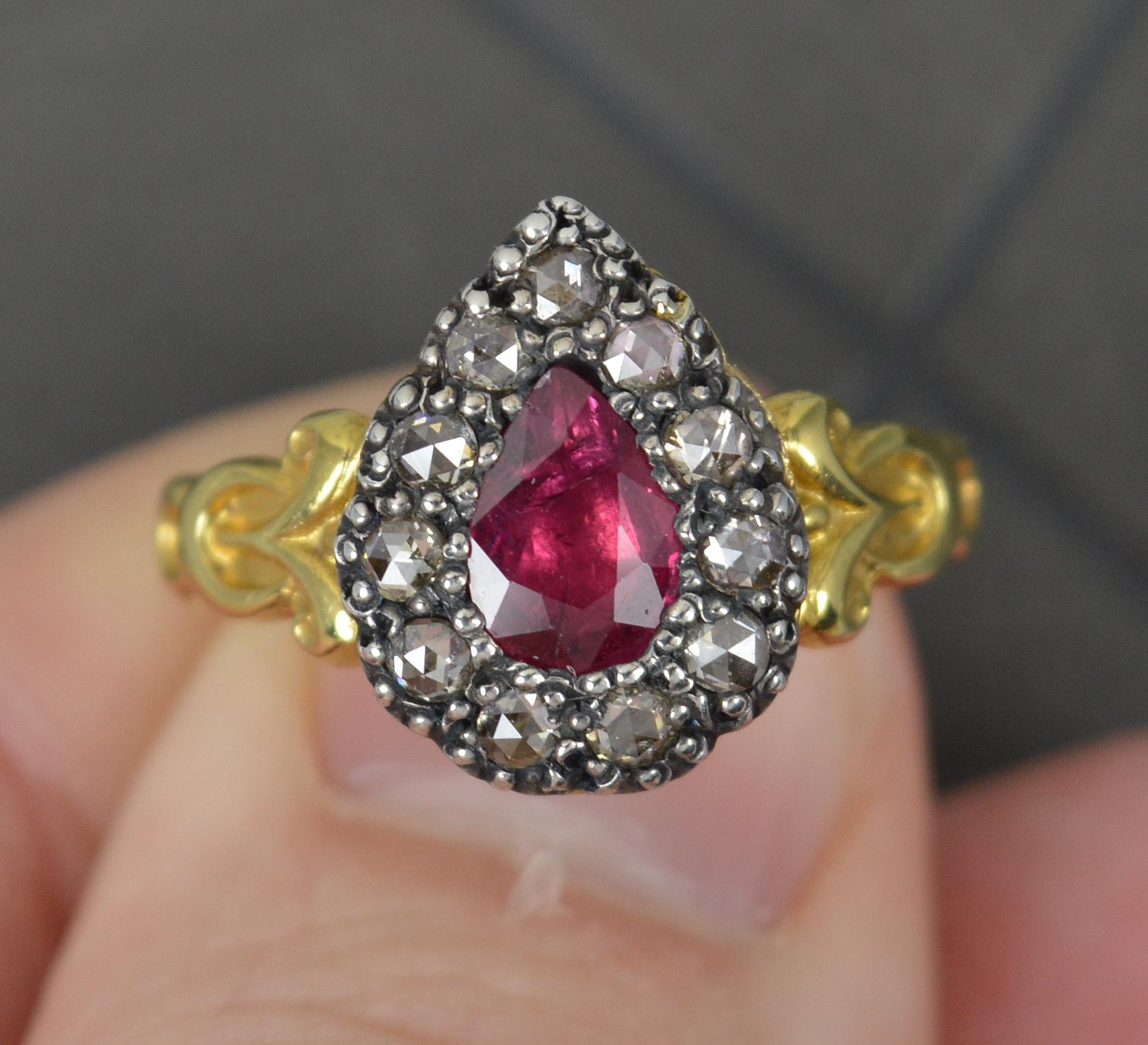 Georgian Design Foiled Ruby and Rose Diamond 18ct Gold Cluster Ring For Sale 1