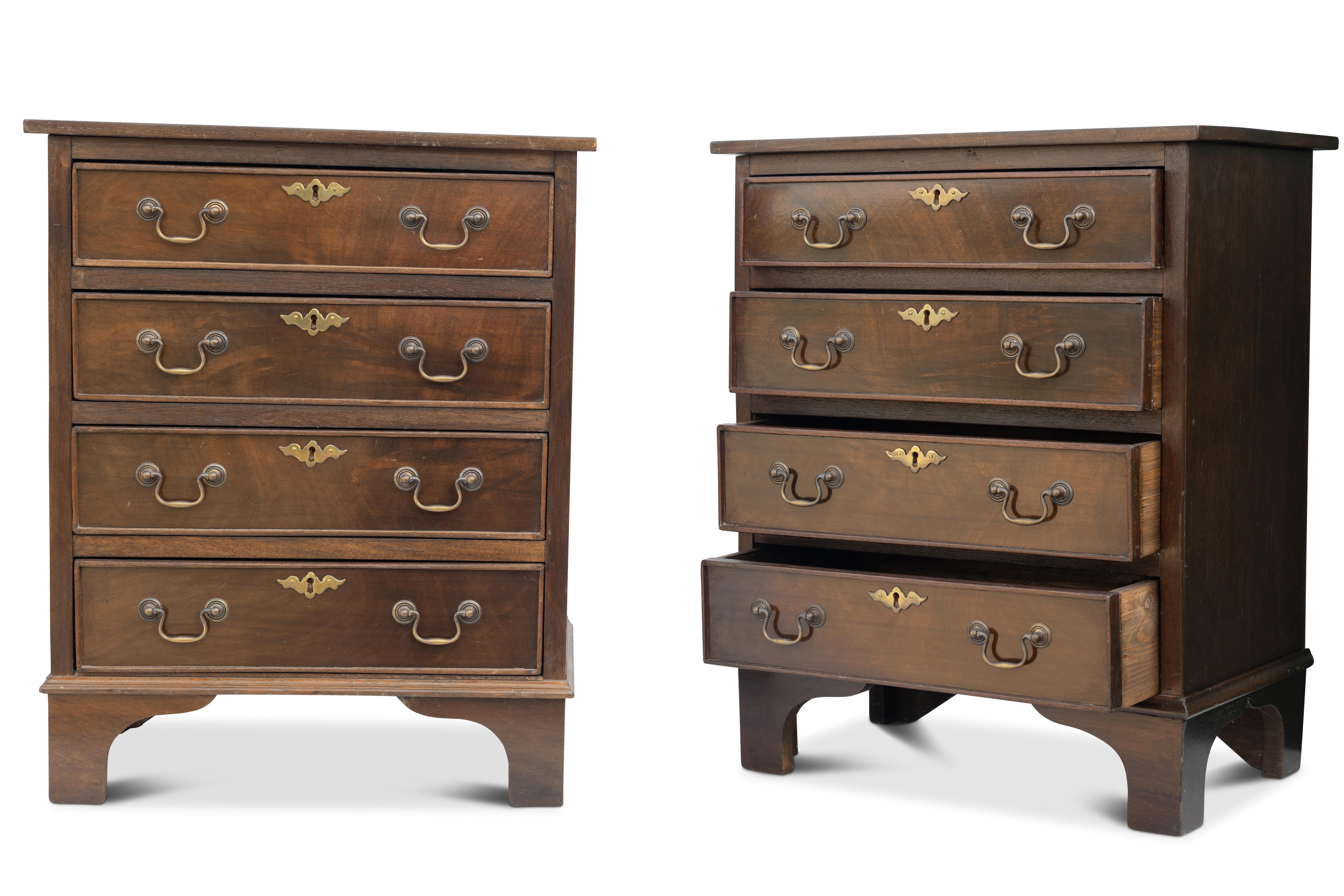 Stained Georgian Design Pair of Antique Bedside Chest of Drawers & Brass Batwing Handles For Sale