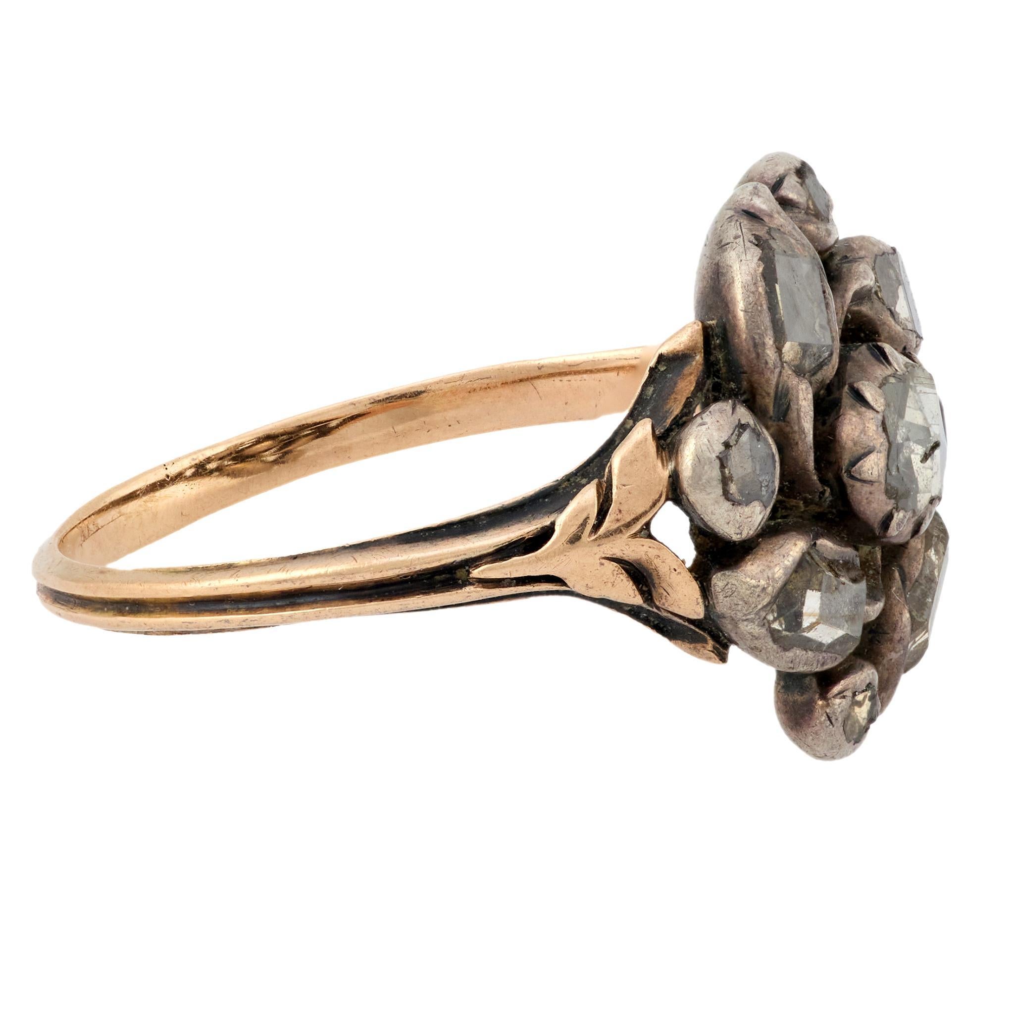 Anillo georgiano de diamantes de oro rosa de 14k y plata Georgiano en venta