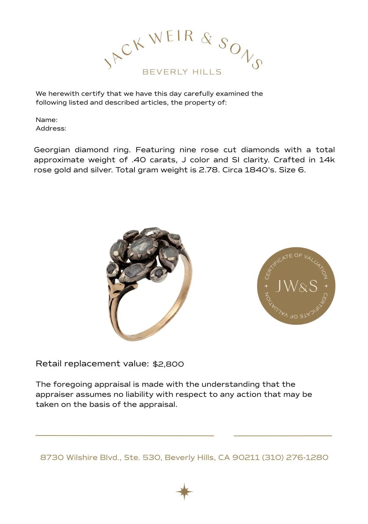 Anillo georgiano de diamantes de oro rosa de 14k y plata en Bueno estado para la venta en Beverly Hills, CA