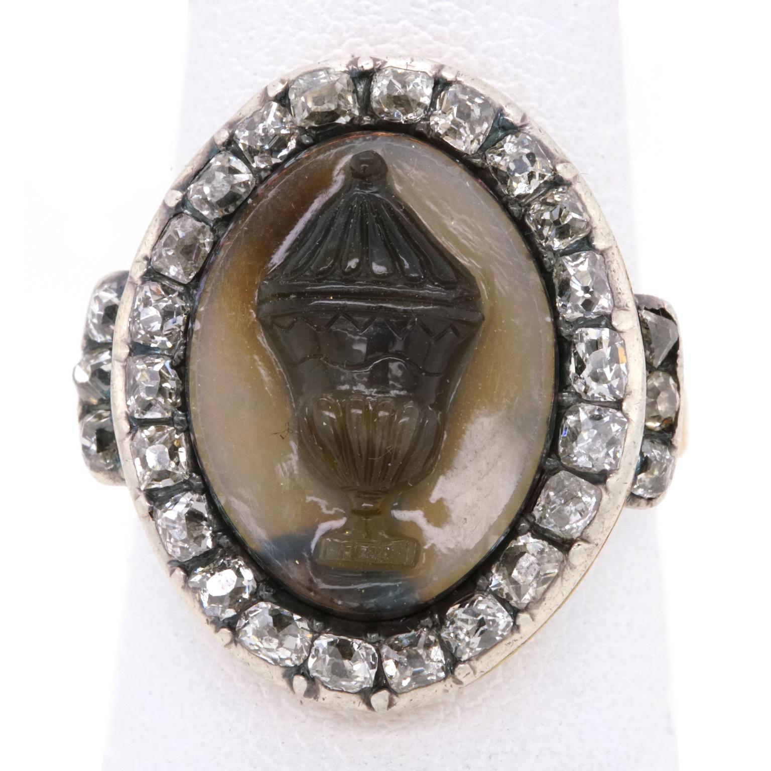 Georgian Diamond and Carved Agate Gold Memorial Ring In Excellent Condition For Sale In Litchfield, CT