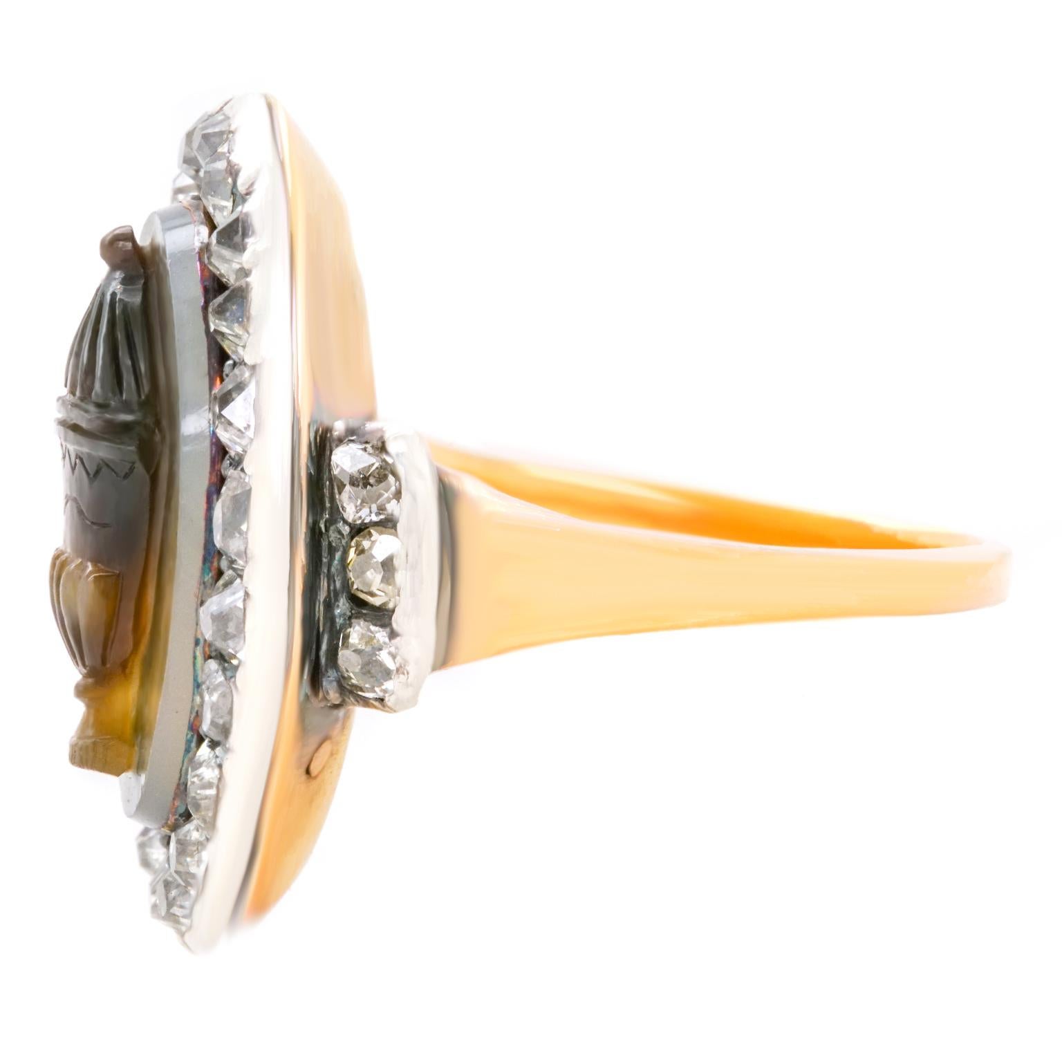 Women's or Men's Georgian Diamond and Carved Agate Gold Memorial Ring For Sale