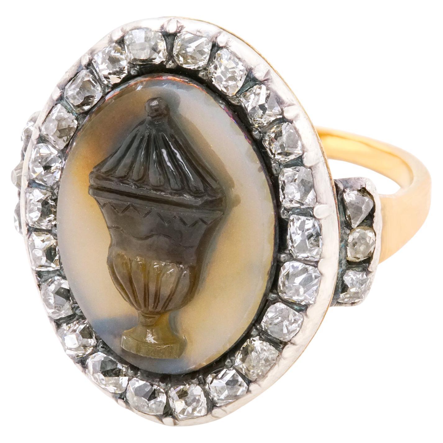 Georgian Diamond and Carved Agate Gold Memorial Ring For Sale