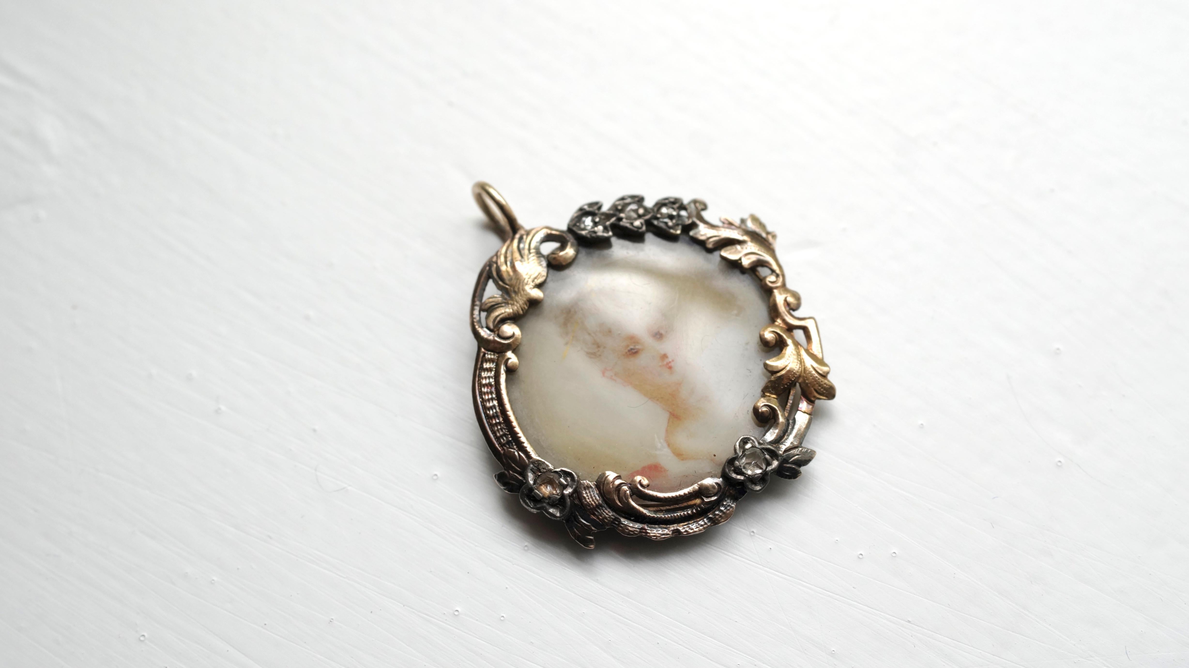 Old Mine Cut Georgian Diamond and Ivory Miniature Portrait Pendant  For Sale