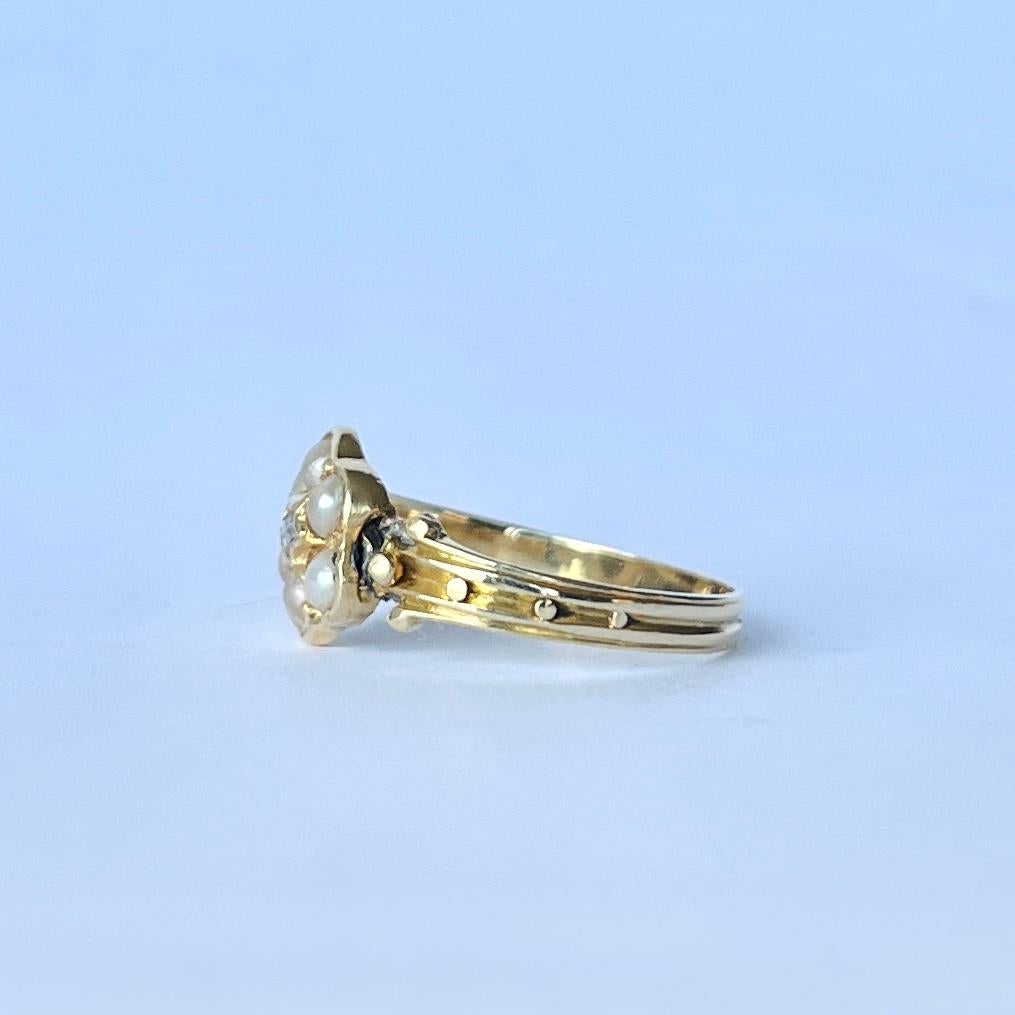 Women's Georgian Diamond and Pearl 15 Carat Gold Cluster Ring