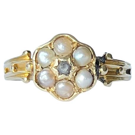 Georgian Diamond and Pearl 15 Carat Gold Cluster Ring