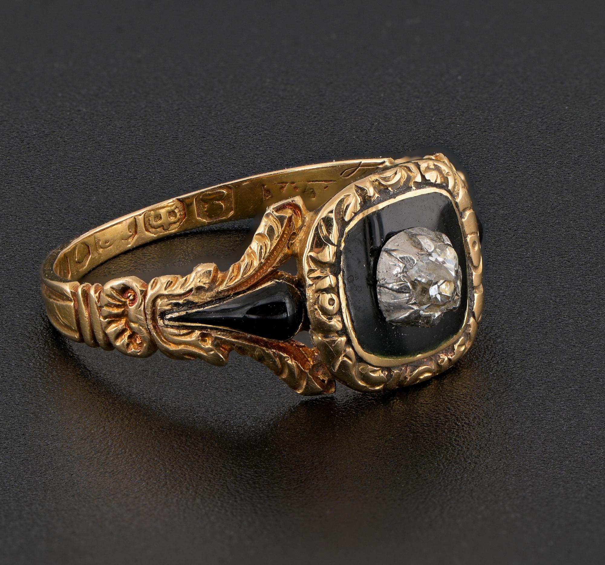 Old Mine Cut Georgian Diamond Black Enamel Locket Mourning 18 KT Ring For Sale