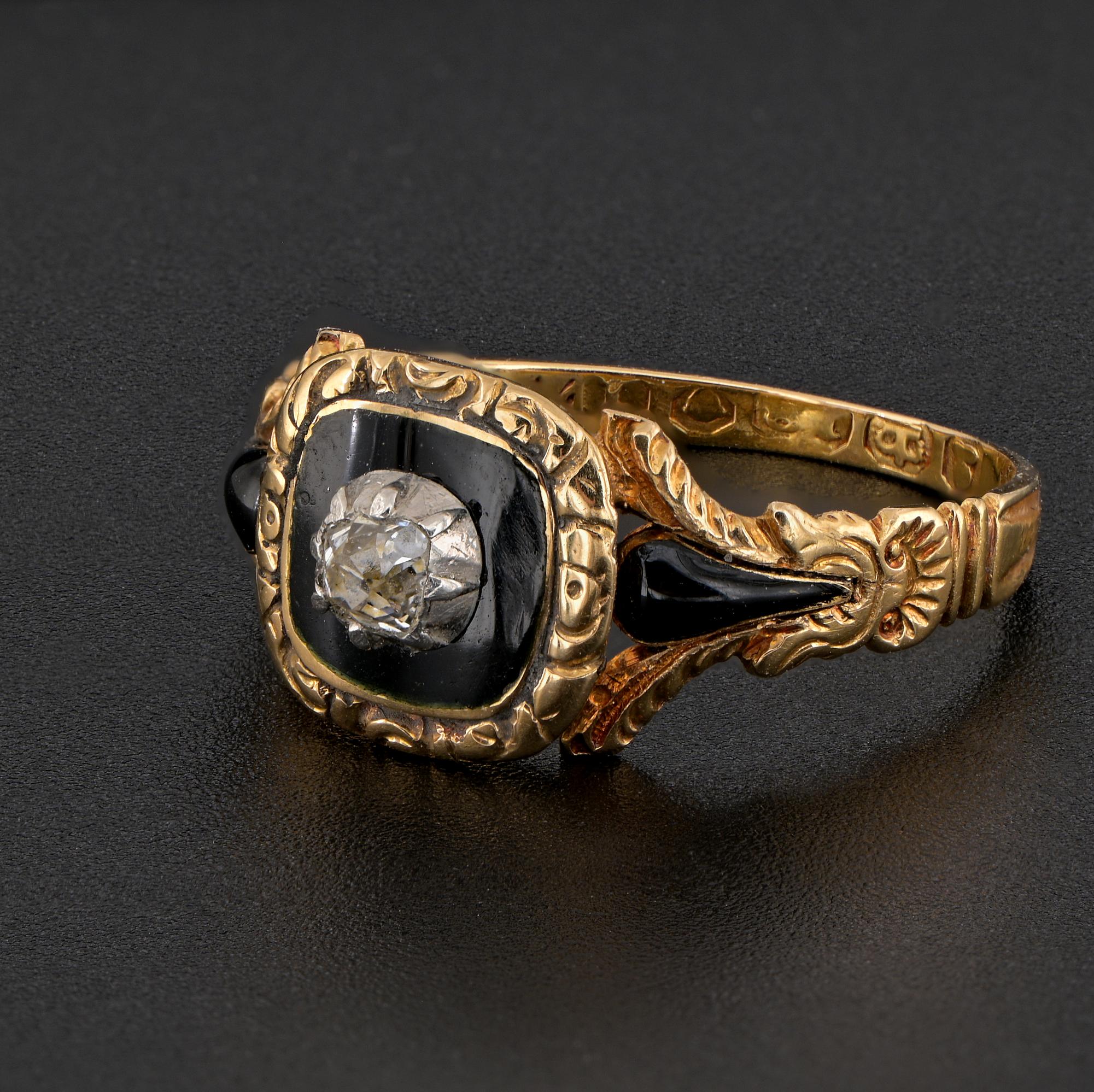 Women's or Men's Georgian Diamond Black Enamel Locket Mourning 18 KT Ring For Sale