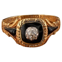 Georgian Diamond Black Enamel Locket Mourning 18 KT Ring