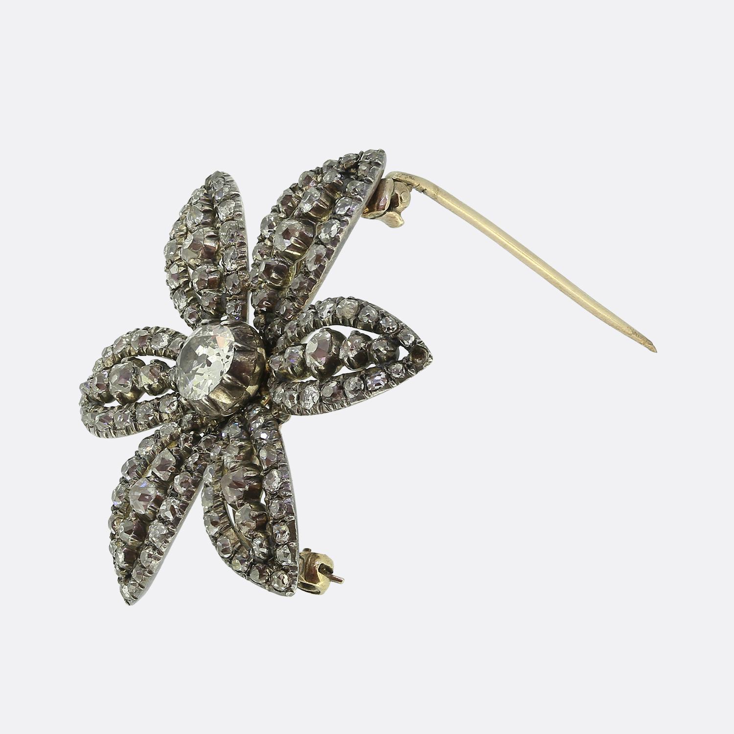 Old Mine Cut Georgian Diamond Cluster Flower Brooch For Sale