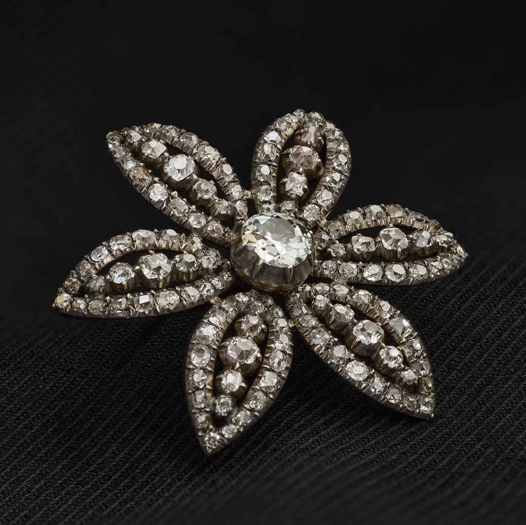 Women's or Men's Georgian Diamond Cluster Flower Brooch For Sale