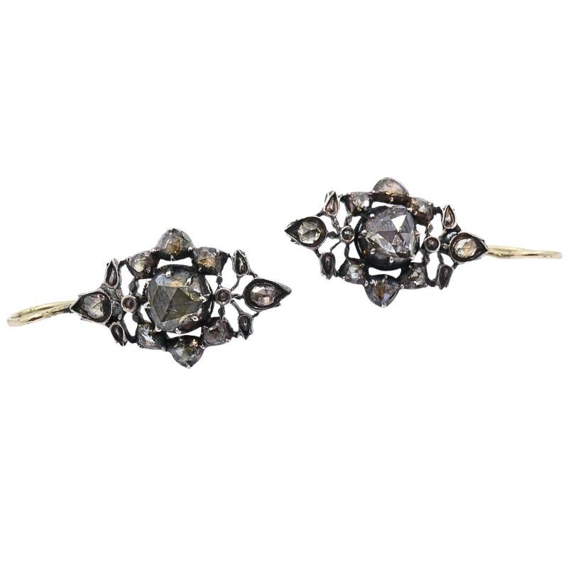 Orecchini di diamanti georgiani in oro e argento con design floreale in vendita 1