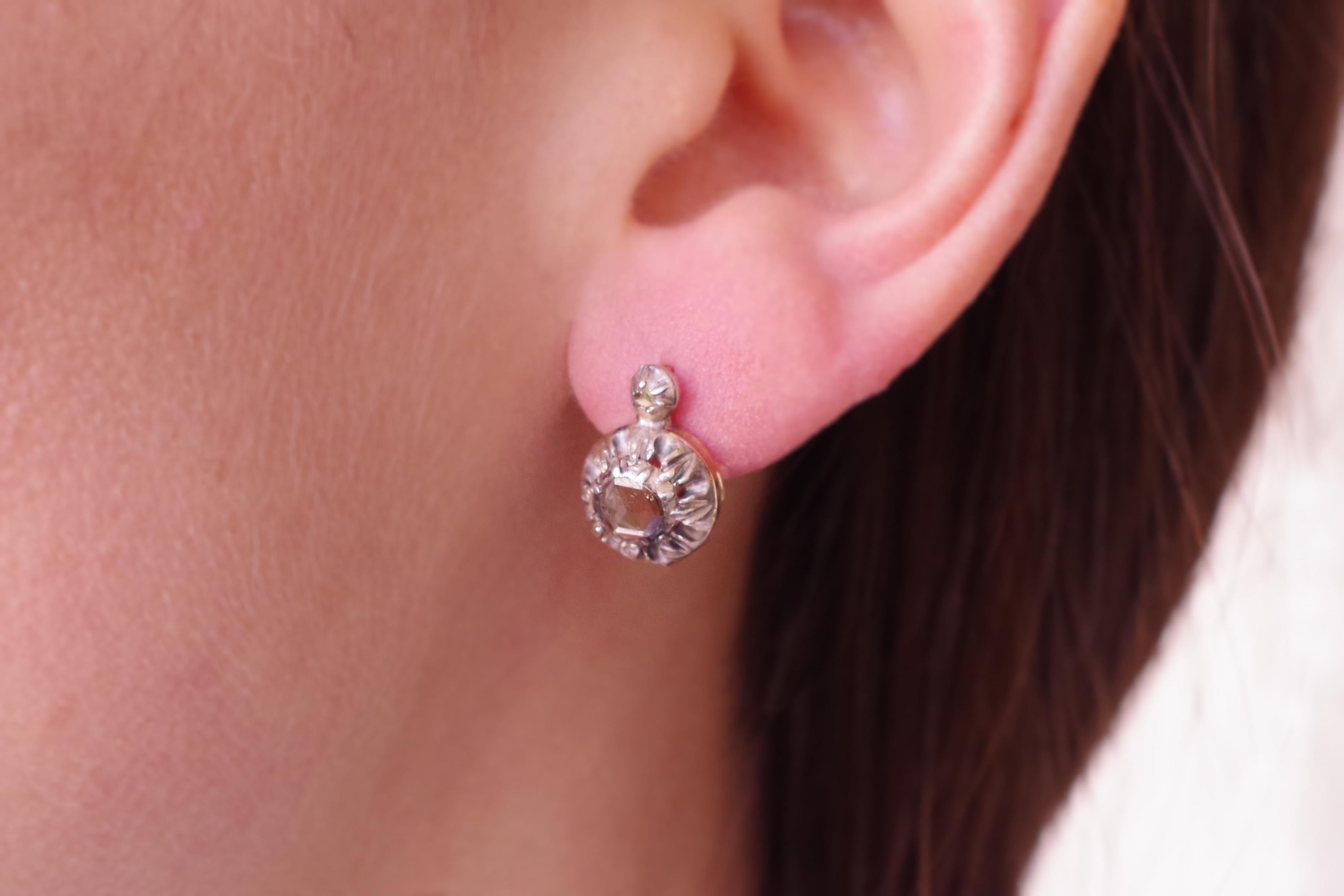 Rose Cut Georgian Diamond earrings in gold and silver, antique jewellery For Sale