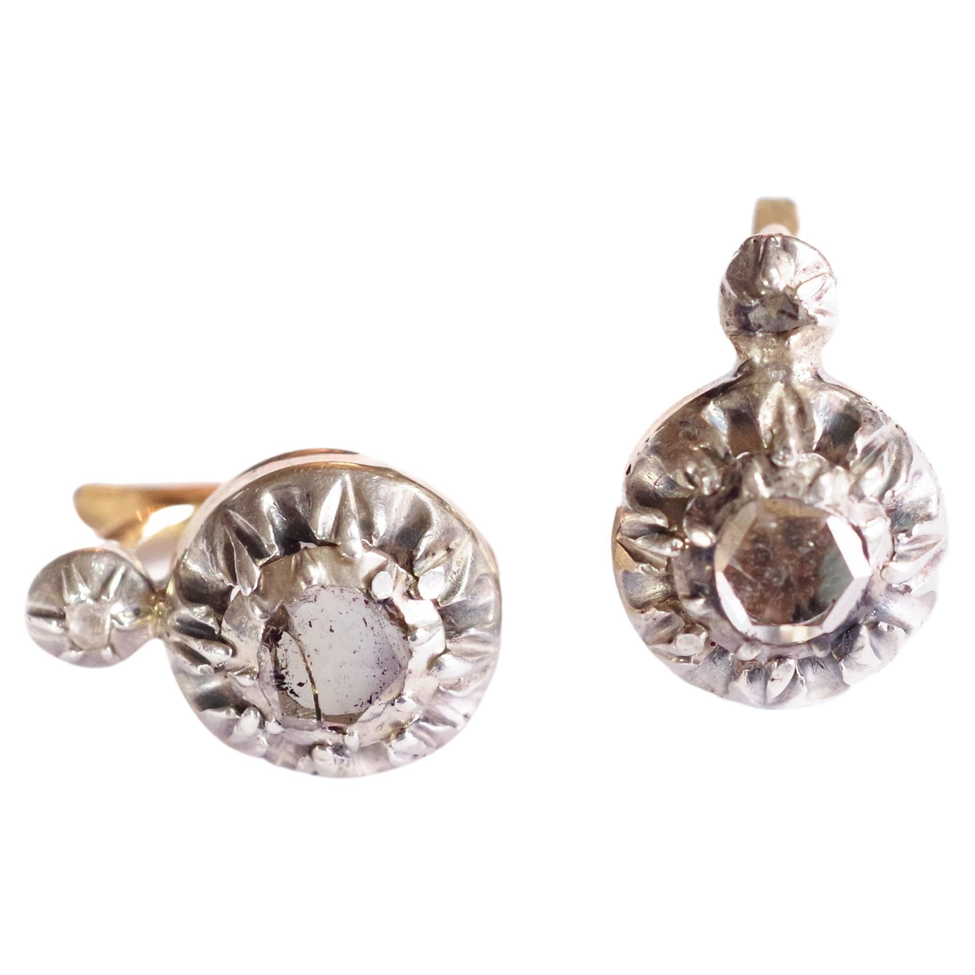 Georgian Diamond earrings in gold and silver, antique jewellery For Sale