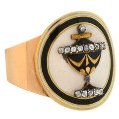 Georgian Diamond Enameled Urn Mourning Hair Locket Ring