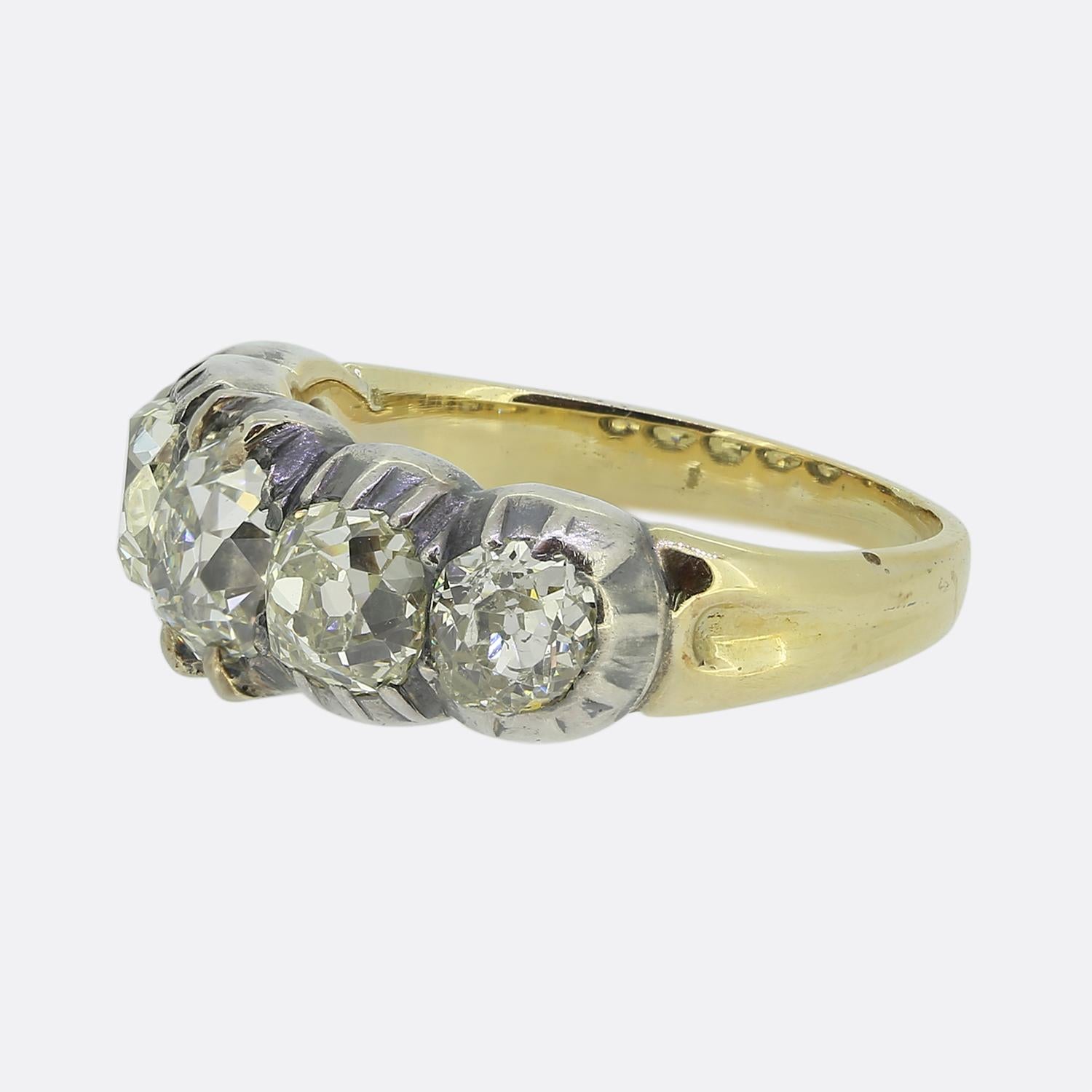 Here we have a wonderful and rare ring dating back to the Georgian era. The ring features five chunky old cut diamonds that graduate in size with the largest in the centre. The stones are set in a silver cut down collets, which was typical of this