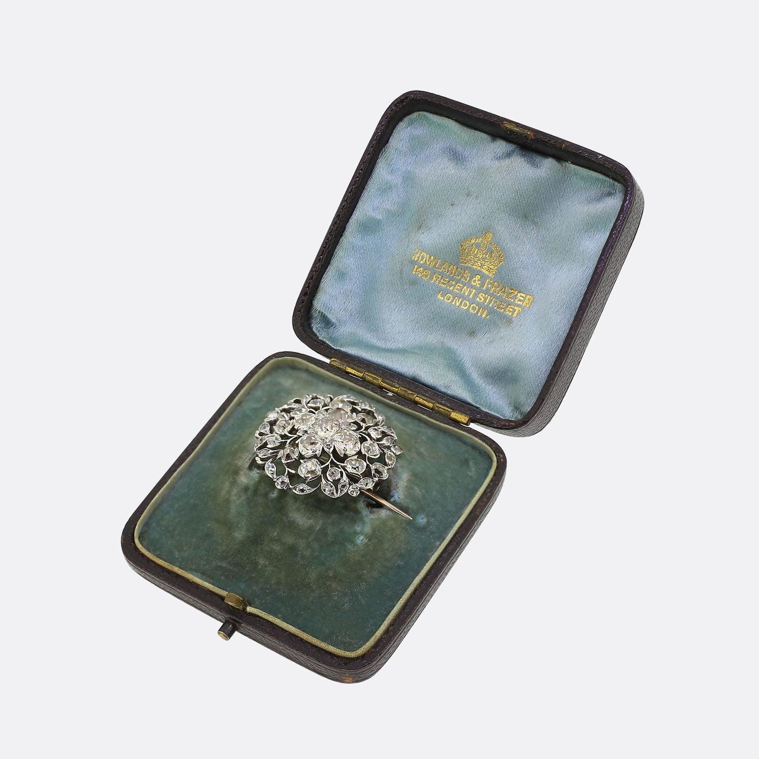 This is a wonderful and rare diamond brooch from the mid Georgian era. The diamonds are set in silver and the brooch has been wonderfully handcrafted in a floral style. All of the diamonds are chunky old cuts and are well matched for colour and