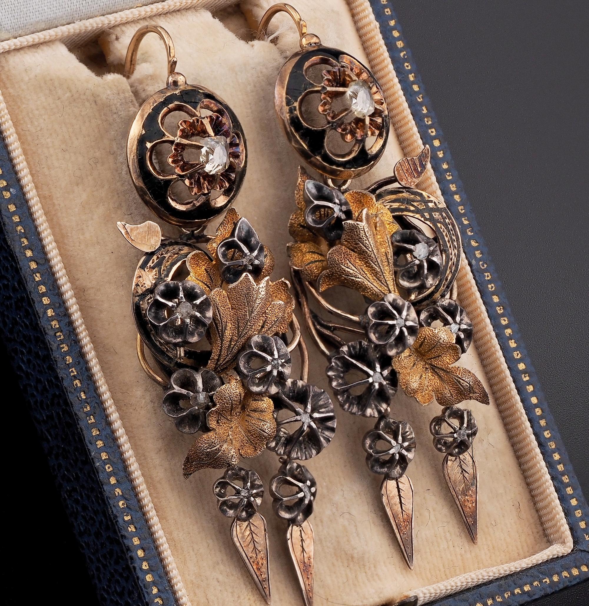Women's Georgian Diamond Leaf & Flower Day Night Drop Earrings For Sale