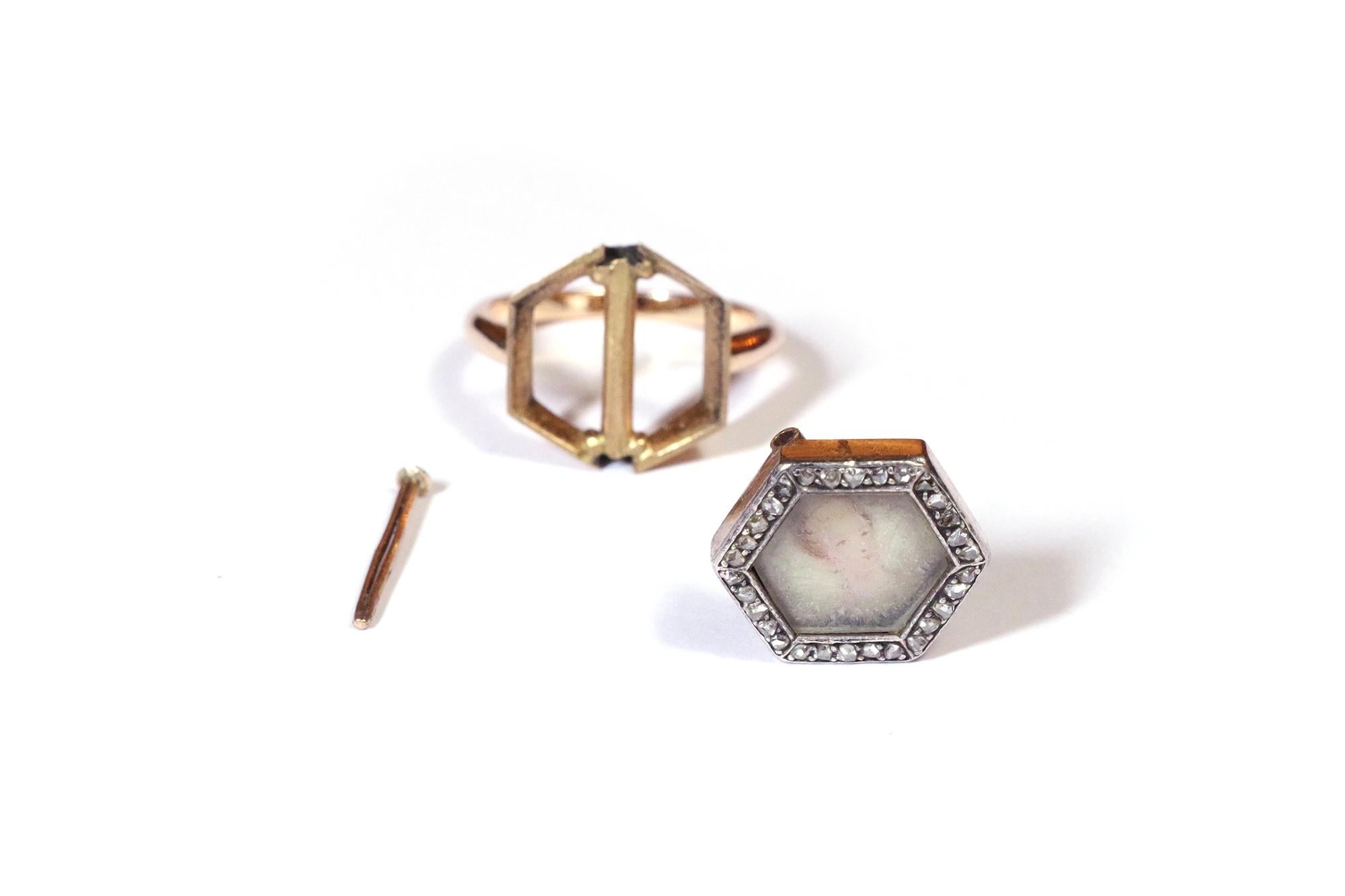 Georgian diamond portrait ring in 18k gold and silver, transformable ring For Sale 2