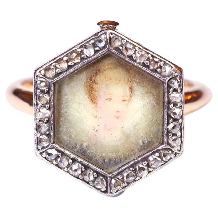 Georgian diamond portrait ring in 18k gold and silver, transformable ring For Sale