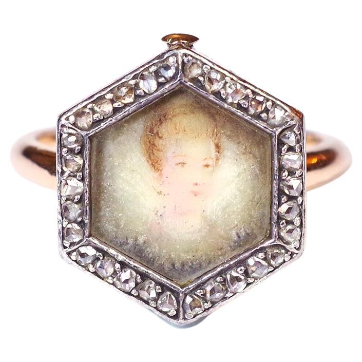 Georgian Diamond Portrait Ring in Rose Gold 18k and Silver, Convertible Ring For Sale