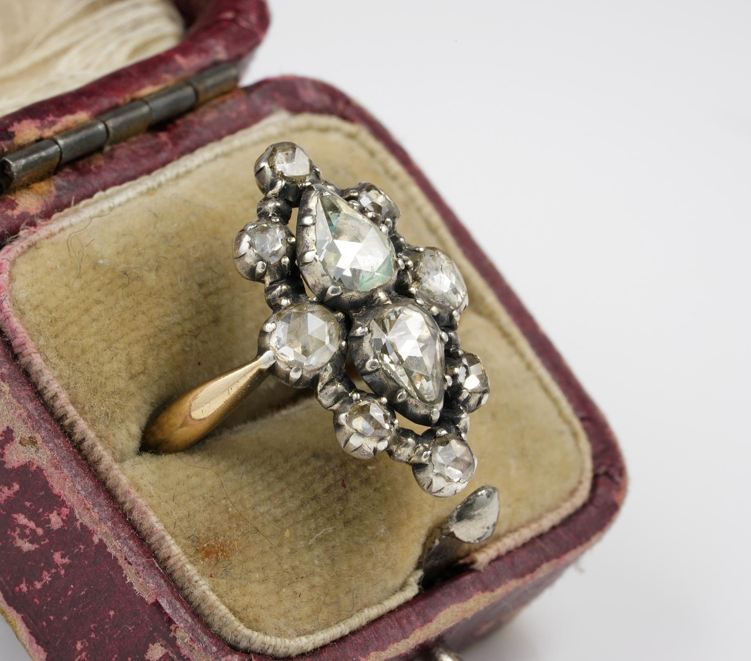 Rose Cut Georgian Diamond Rare Navette Cluster Ring 18 KT/Silver For Sale