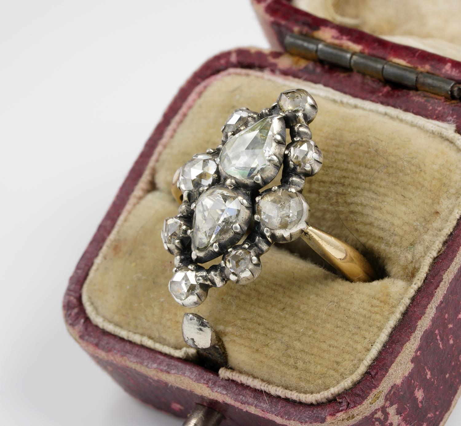 Georgian Diamond Rare Navette Cluster Ring 18 KT/Silver In Good Condition For Sale In Napoli, IT