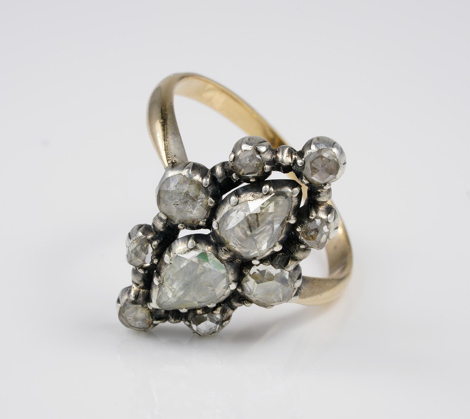 Women's Georgian Diamond Rare Navette Cluster Ring 18 KT/Silver For Sale