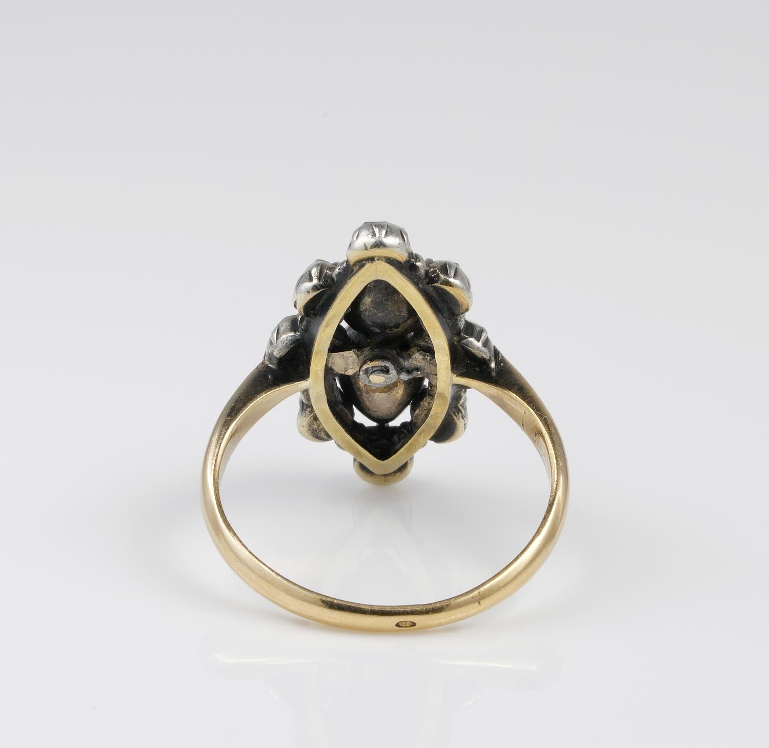 Georgian Diamond Rare Navette Cluster Ring 18 KT/Silver For Sale 1