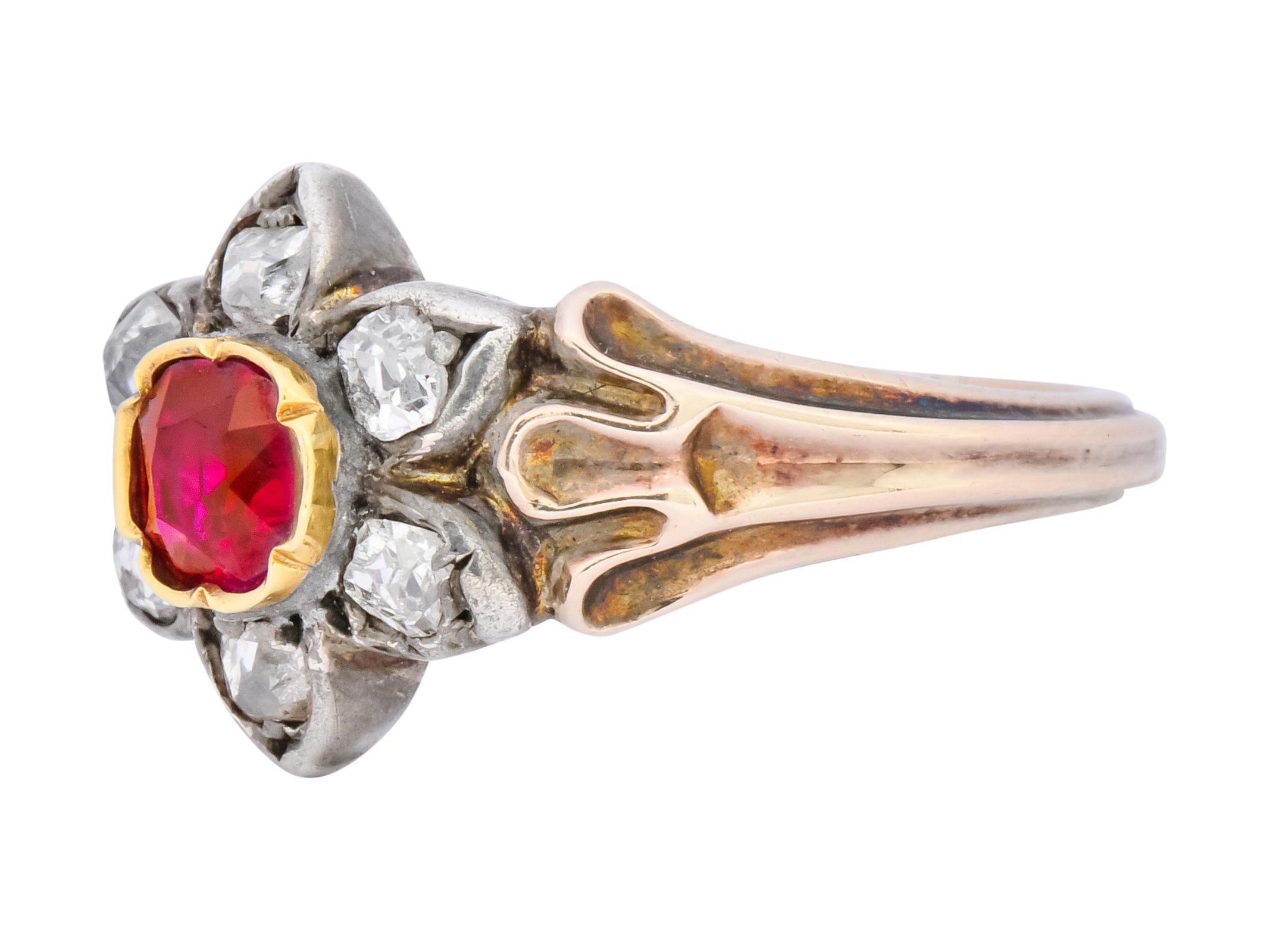 Women's or Men's Georgian Diamond Ruby 14 Karat Gold Silver Cluster Ring, circa 1870