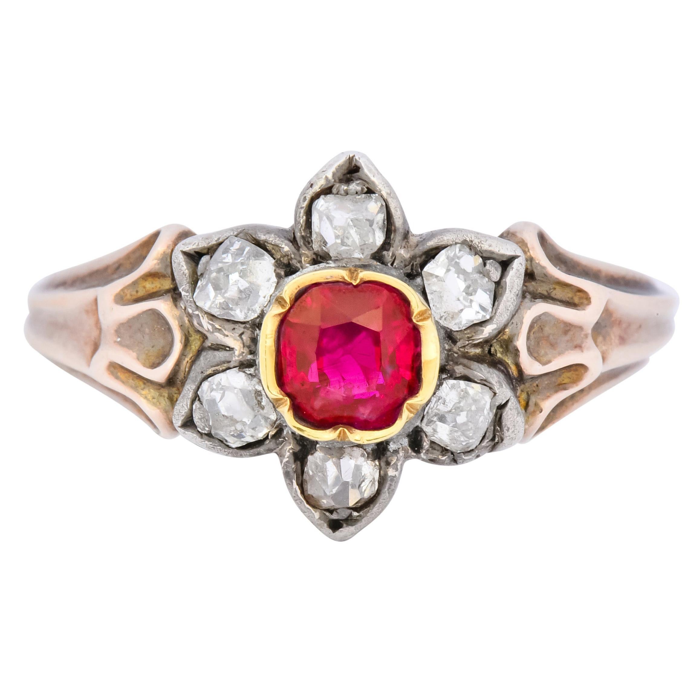 Georgian Diamond Ruby 14 Karat Gold Silver Cluster Ring, circa 1870