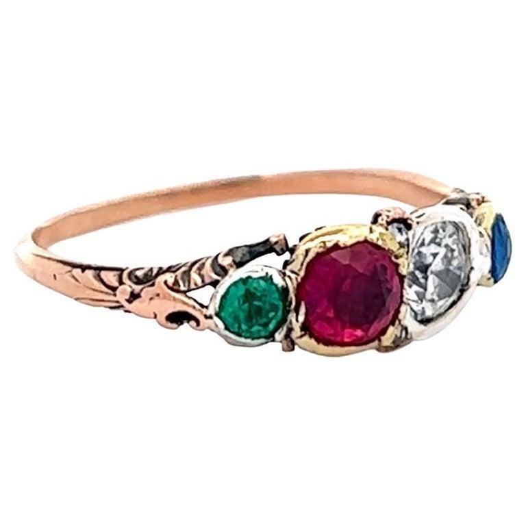 Old European Cut Georgian Diamond Ruby Sapphire Emerald 18 Karat Rose Gold Harlequin Ring