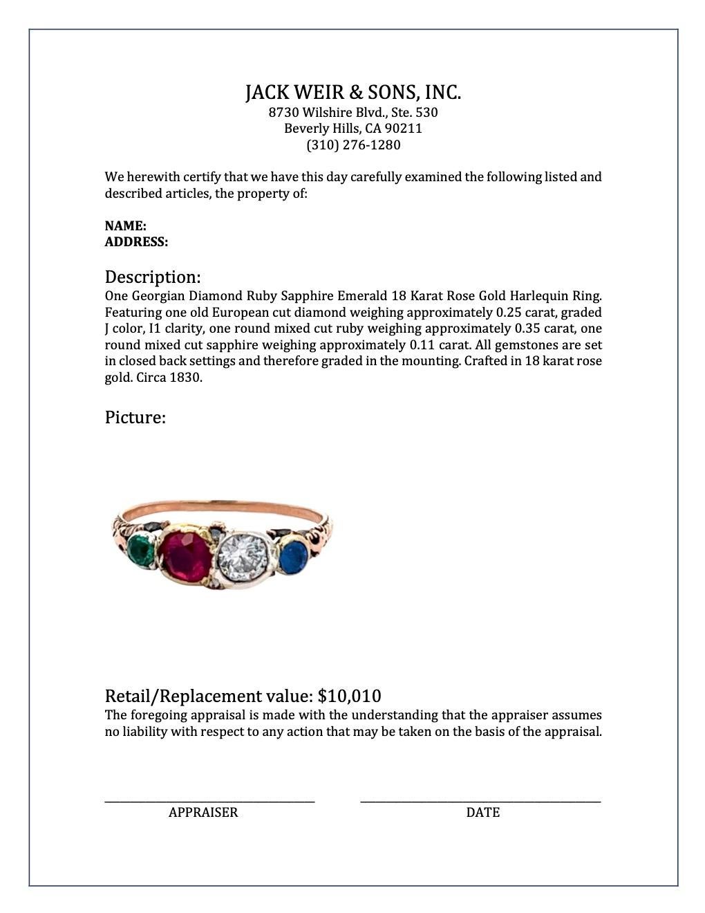 Women's or Men's Georgian Diamond Ruby Sapphire Emerald 18 Karat Rose Gold Harlequin Ring