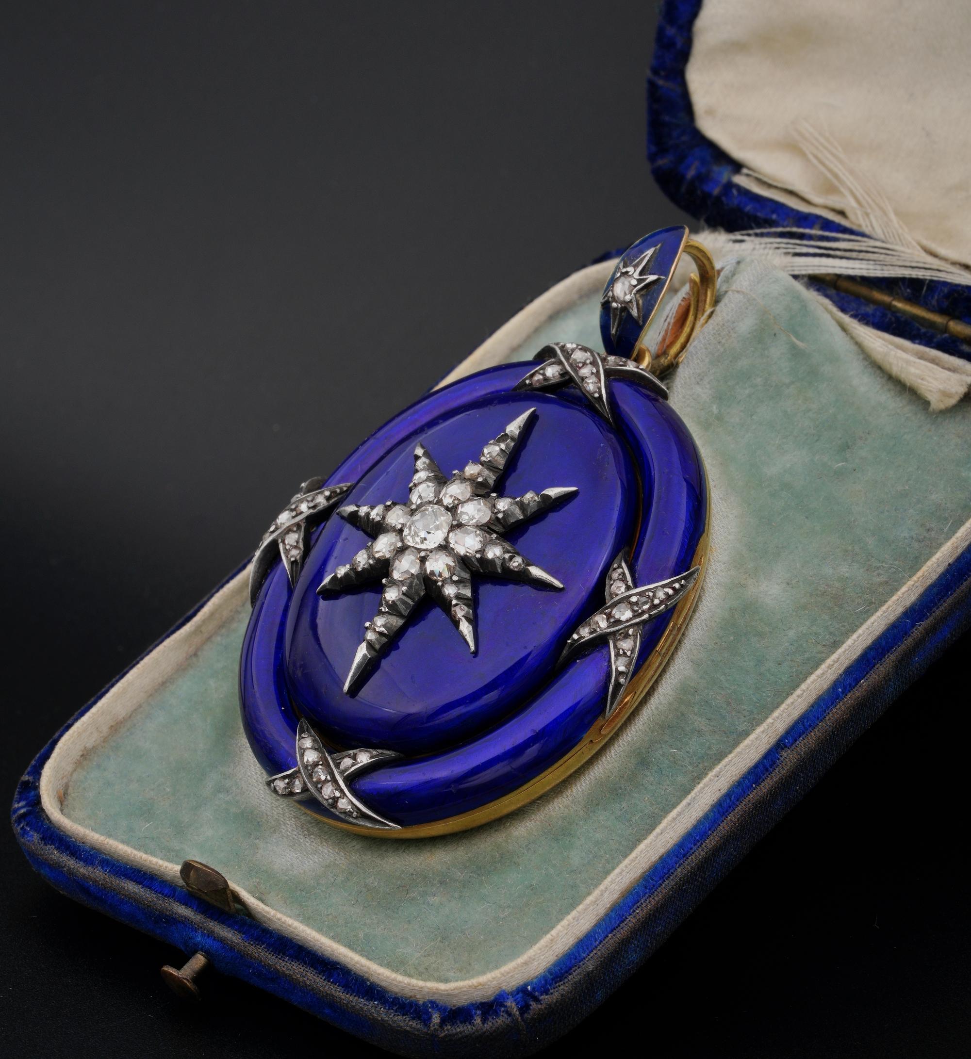 Georgian Diamond Star-Burst Blue Enamel Large Celestial Locket, circa 1800 In Good Condition In Napoli, IT