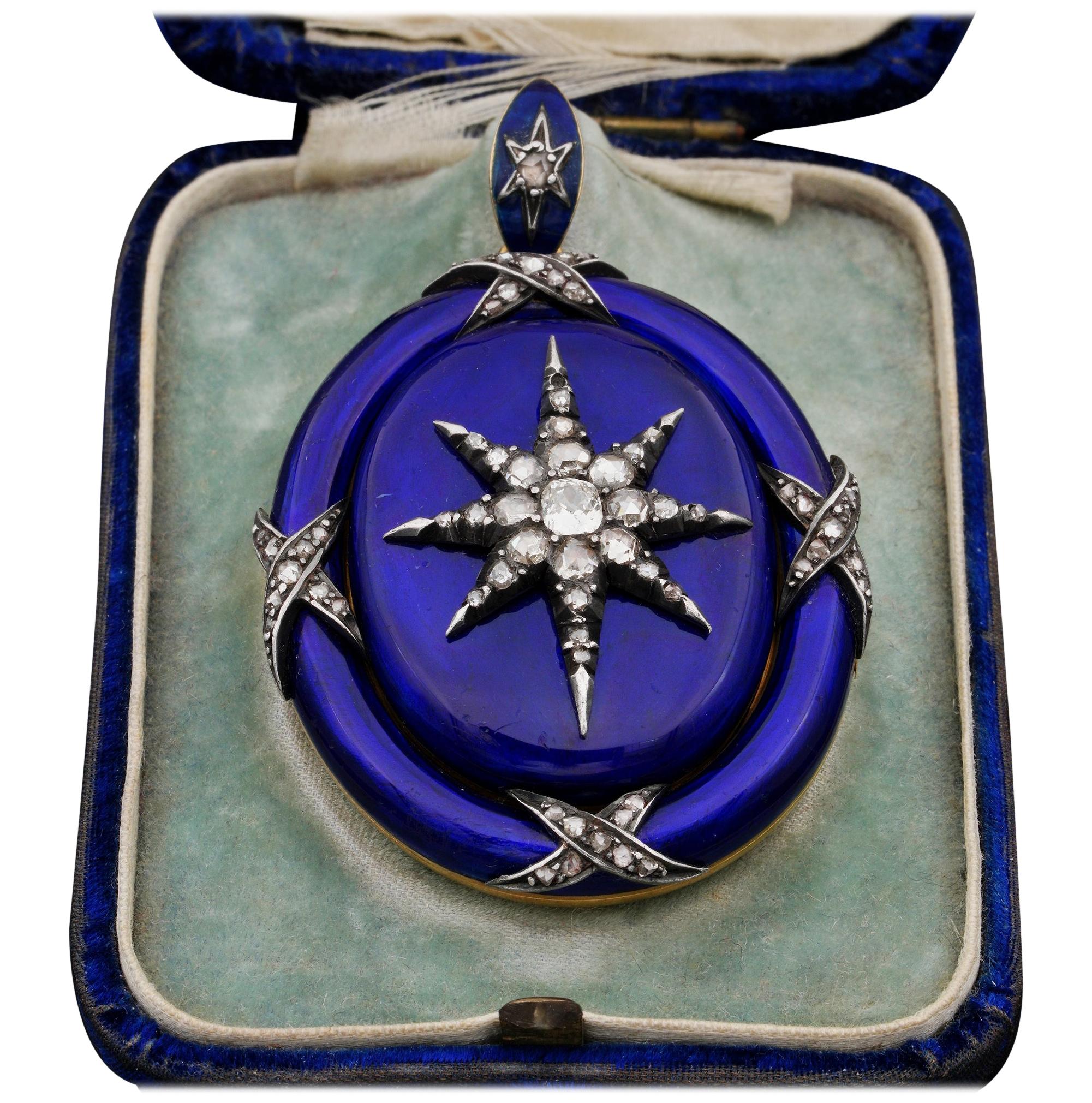 Georgian Diamond Star-Burst Blue Enamel Large Celestial Locket, circa 1800