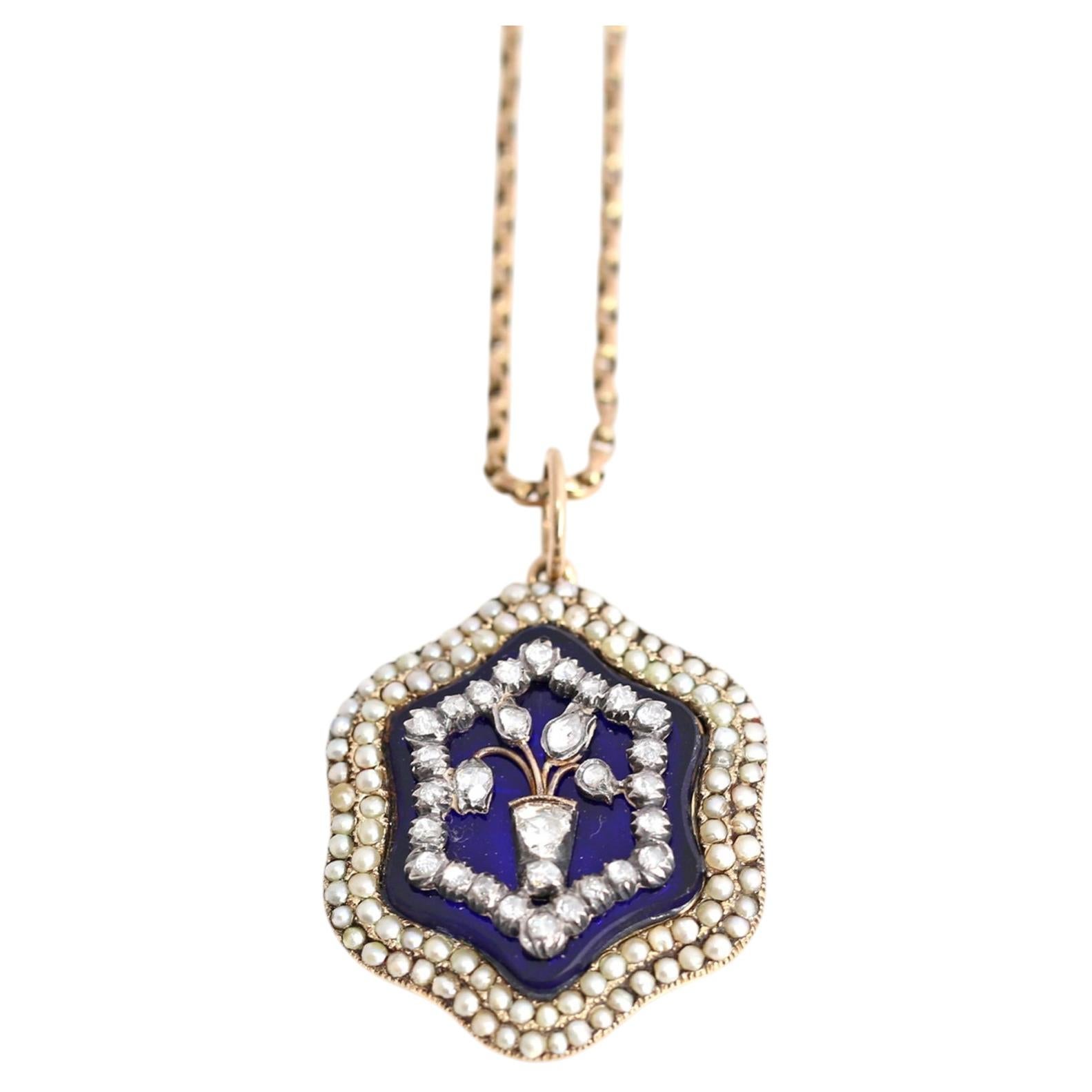 Georgian Diamonds Pendant Bristol Blue Glass 18K, 1910