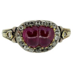Georgian Double Cabochon Ruby Heart and Diamond Ring